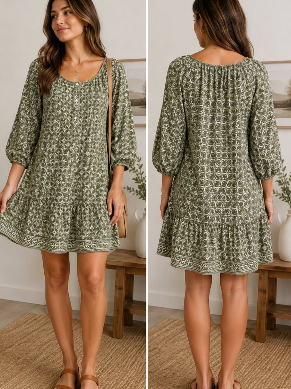 NWT Max Studio London Olive Green Geometric Print Tiered Mini Dress M